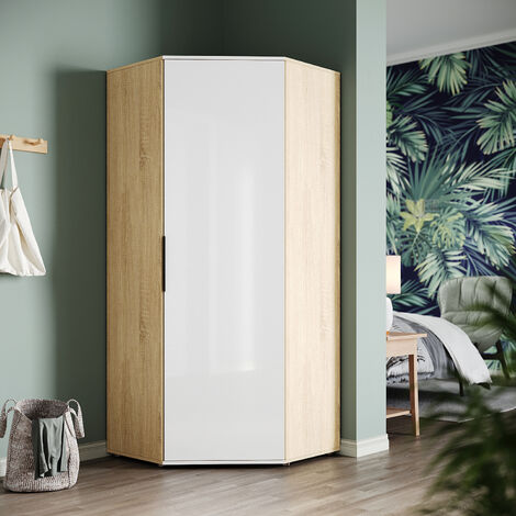 ELEGANT Corner Wardrobe Modern White/Oak High Gloss Wardrobe 80x80x186cm Bedroom Closet Storage, Space Saving Design with 2 Hanging Rails and 5 Storage Shelves.