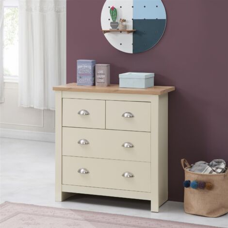 Elegant Cream 4 Drawer Chest With Oak Top And Steel Handles