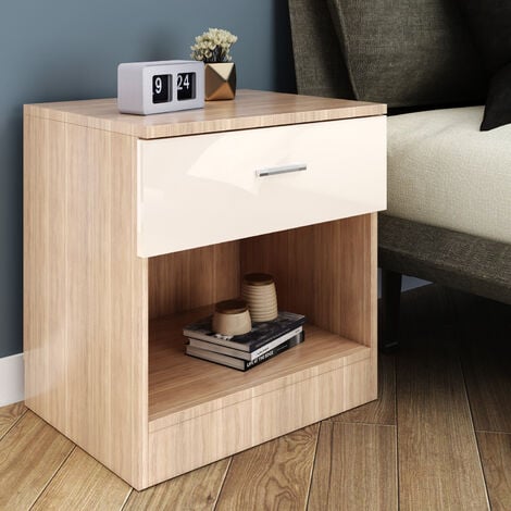 ELEGANT Cream/Oak Modern High Gloss Bedside Cabinet Stand Storage Shelf with Bin Drawer for Bedroom, Livingroom and Home Storage Organizer