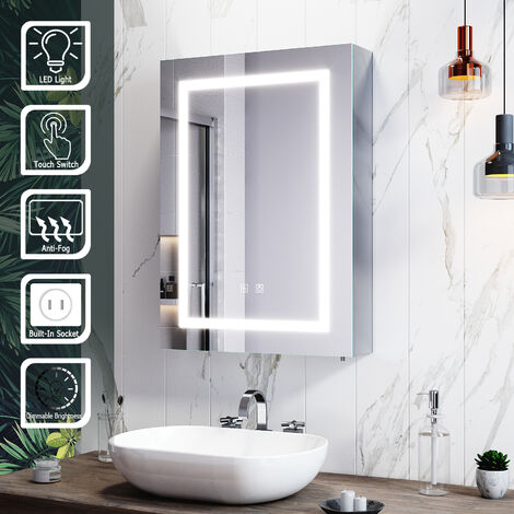 ELEGANT Design Bathroom Mirror Cabinet LED Illuminated Stainless Steel Wall Mounted Storage Cabinet with Shaver Scocket and Demester Pad Adjustable Glass Shelves 500 x 700 x 130 mm