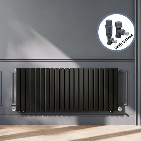 ELEGANT Designer Black Double Panel Horizontal Radiator 600 x 1428mm with Anthracite Angled Thermostatic Radiator Valves
