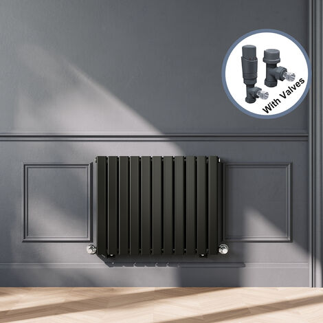 ELEGANT Designer Black Double Panel Horizontal Radiator 600 x 748mm with Anthracite Angled Thermostatic Radiator Valves