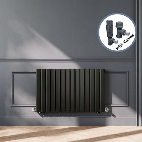 ELEGANT Designer Black Double Panel Horizontal Radiator 600 x 952mm with Anthracite Angled Thermostatic Radiator Valves