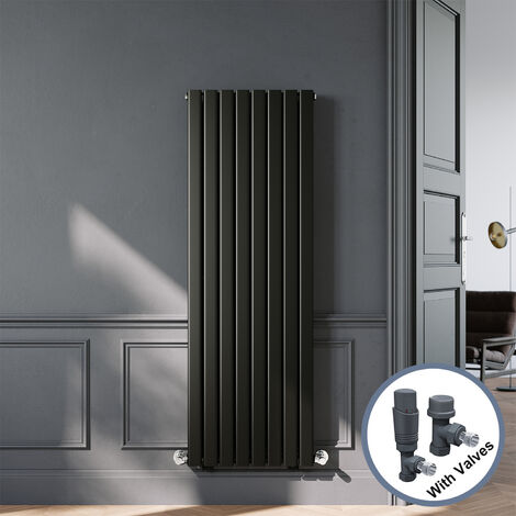 ELEGANT Designer Black Double Panel Vertical Radiator 1600 x 544mm with Anthracite Angled Thermostatic Radiator Valves
