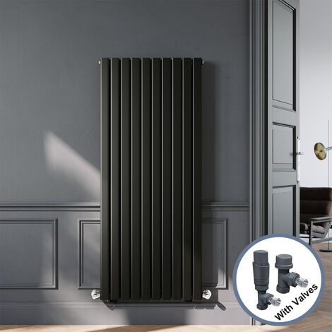 ELEGANT Designer Black Double Panel Vertical Radiator 1600 x 680mm with Anthracite Angled Thermostatic Radiator Valves