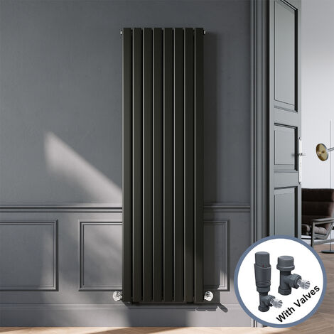 ELEGANT Designer Black Double Panel Vertical Radiator 1800 x 544mm with Anthracite Angled Thermostatic Radiator Valves