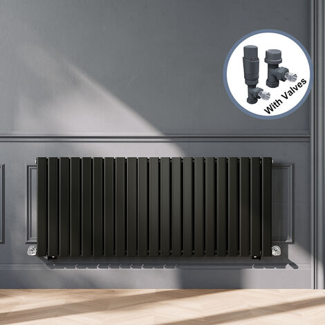 ELEGANT Designer Black Single Panel Horizontal Radiator 600 x 1428mm with Anthracite Angled Thermostatic Radiator Valves