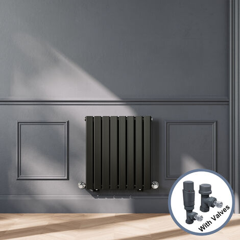 ELEGANT Designer Black Single Panel Horizontal Radiator 600 x 544mm with Anthracite Angled Thermostatic Radiator Valves