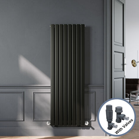 ELEGANT Designer Black Single Panel Vertical Radiator 1600 x 544mm with Anthracite Angled Thermostatic Radiator Valves