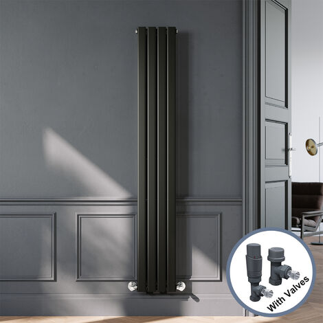 ELEGANT Designer Black Single Panel Vertical Radiator 1800 x 272mm with Anthracite Angled Thermostatic Radiator Valves