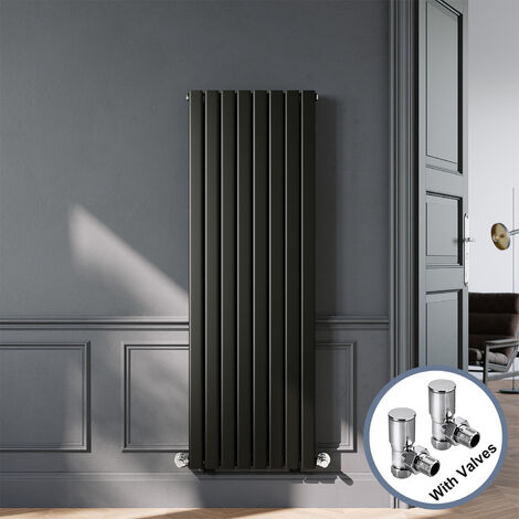 ELEGANT Designer Black Vertical Radiator 1600 x 544mm Double Panel Flat Panel Rads with Chrome Angled Radiator Valves