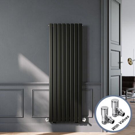 ELEGANT Designer Black Vertical Radiator 1600 x 544mm Single Panel Flat Panel Rads with Chrome Angled Radiator Valves