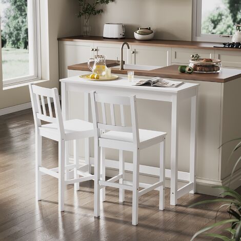 ELEGANT Dining Bar Set-1 Table and 2 Chairs Solid Wooden Bar Table Set for Dining Room 1170 x 590 x 195mm, White/White Natural Pine