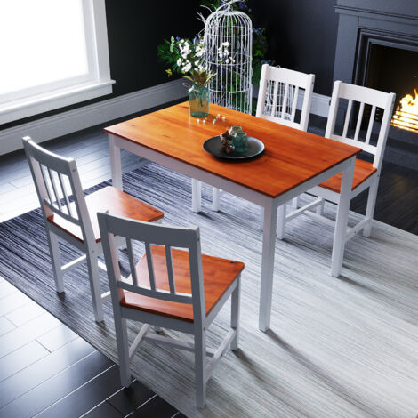 ELEGANT Dining Table with 4 Chairs, Nature Honey Solid Pine Wood Dining Room set of 4 seats, Living Room Kitchen Furniture