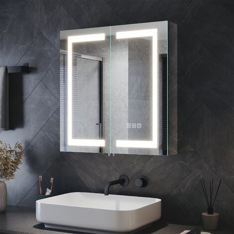 ELEGANT Double Door Bathroom Mirror Cabinet  LED Illumiated Stainless Steel Cupboard 3 Lighting Modes + Demister Pad + Shaver Socket 630 x 650mm Smart Bathroom Cabinet
