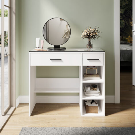 ELEGANT Dressing Table, Single Table High Gloss Dressing Cabinet with 2 Drawers and Open Shelves, Modern Design Applicable to Multiple Scenarios, White, 900×400×770mm