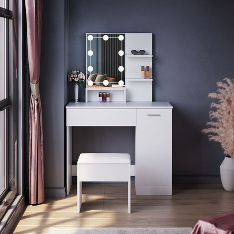ELEGANT Dressing Table, Vanity Makeup Desk Set with Adjustable 3 Color LED Lights, Open Shelves, Closed Storage and Stool