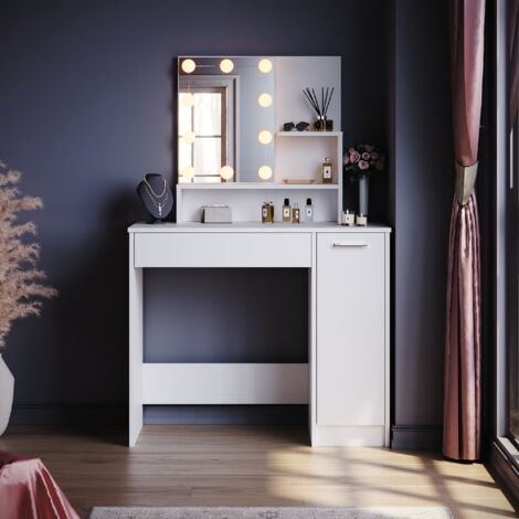 ELEGANT Dressing Table, Vanity Makeup Desk with Adjustable 3 Color LED Lights, Closed Storage