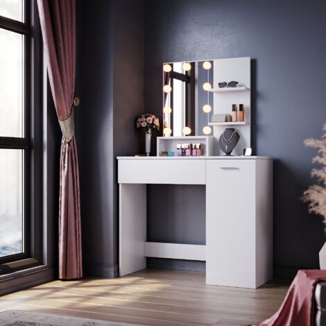 ELEGANT Dressing Table, Vanity Makeup Desk with Adjustable 3 Color LED Lights, Open Shelves, Closed Storage