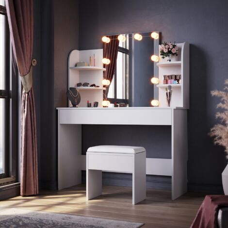 ELEGANT Dressing Table with LED Lights, Three lights mode Vanity Table, Makeup Desk with Drawer and Open shelves 108x40x140cm, White