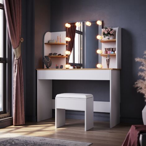 ELEGANT Dressing Table with LED Lights, Three lights mode Vanity Table, Makeup Desk with Drawer and Open shelves 108x40x140cm, White/Oak