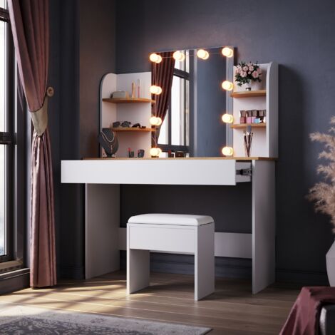 ELEGANT Dressing Table with LED Lights, Vanity Desk with Mirror Drawer Adjustable Light Strip White/Oak 108x40x140cm with Stool