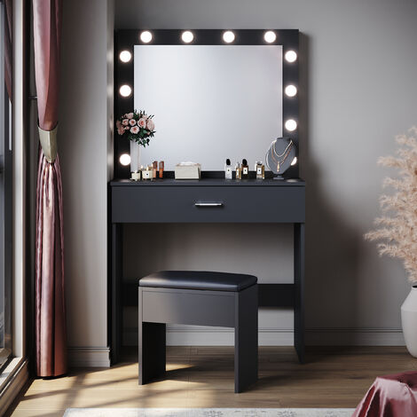 ELEGANT Dressing Table with LED Lights, Vanity Table 3 Color Moder Makeup Mirror with Sliding Drawer, Black Set Cushioned Stool included