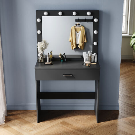 ELEGANT Dressing Table with LED Lights, Vanity Table 3 Color Moder Makeup Mirror with Sliding Drawer, Black Single Table