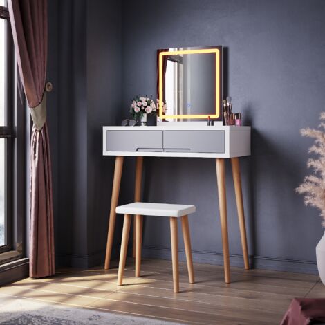ELEGANT Dressing Table with LED Lights, White Vanity Makeup Table Set Adjustable Brightness Mirror 2 Drawers with Stool