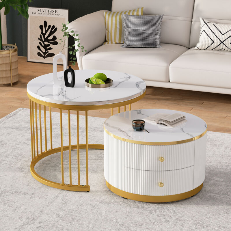 Ensemble de 2 tables basses élégantes en forme de nid blanc, 606045,5 cm et 505032 cm, tables rondes avec aspect marbre brillant, 2 tiroirs, peut