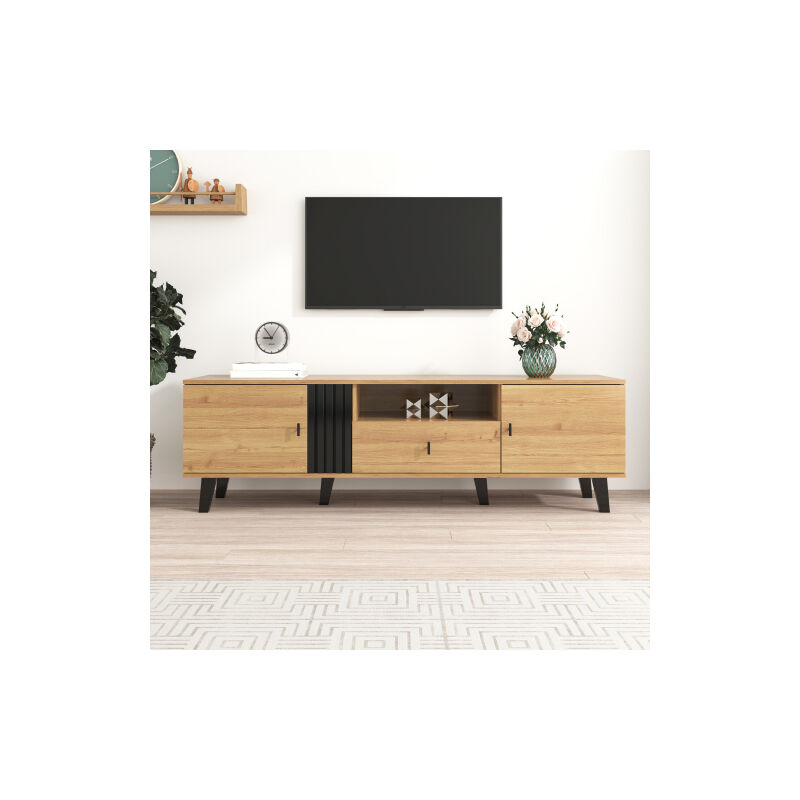 Élégant et élégant: Meuble TV 170cm en bois et design noir, meuble TV, plateau bas avec tiroirs, nombreuses fonctions de rangement pour un look