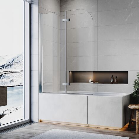 ELEGANT Folding Shower Bath Screen 900x1400mm 2 Fold Frameless 6mm Toughened Safety Glass 270 Degree Hinged, Silver Aluminium Profile