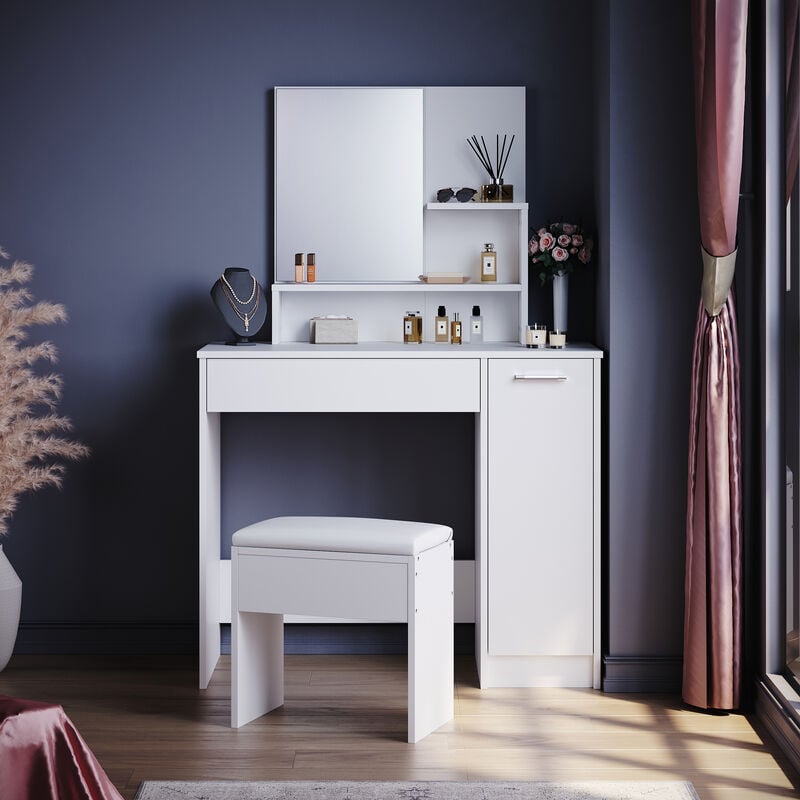 ELEGANT Furniture Dresser with Drawer Storage Cabinet Makeup Mirror Makeup Table White Drawer Dresser with stool Set