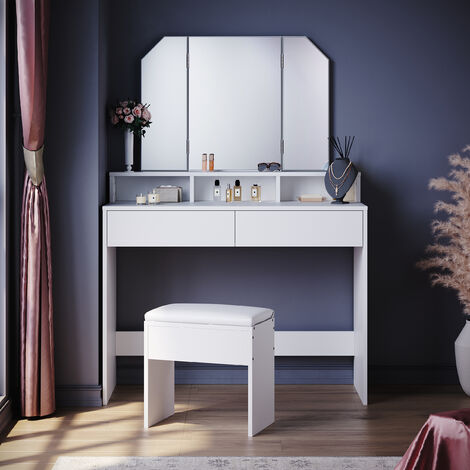 ELEGANT Furniture Dresser with Drawer Storage Compartment Foldable Makeup Mirror Makeup Table White Drawer Dresser with stool set