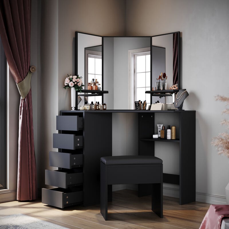 Bedroom Furniture Corner Dressing Table Makeup Desk with 3 Large Mirrors 5 Drawers, Black Dresser Set with Stool - Elegant