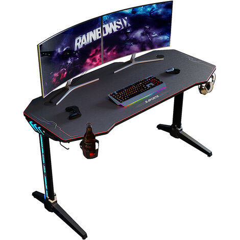 main image of "ELEGANT Gaming Computer Desk with LED Lights Studio Workstations Home Office PC Table with Headphone Hooks and Cup Holder, Black"