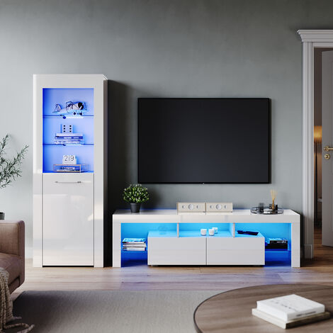 ELEGANT High Gloss 1600mm TV Stand Cabinet Sideboard Display Cabinet with RGB LED Lights Storage Unit White Living Room Set 2