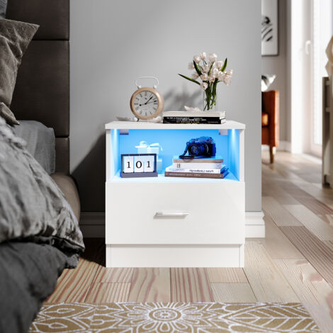 ELEGANT High Gloss Bedside Table with LED Light and 1 Drawer, Integrated Handle Design, Modern Furniture for Bedroom or Home Storage Organizer, White, 450x350x465mm