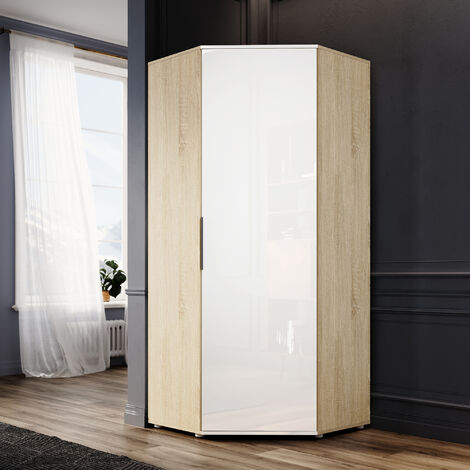 ELEGANT High Gloss Corner Wardrobe Hanging Rail Furniture with Single Door Large Storage Shelves Bedroom White Wardrobe 1860 x 800 x 800 mm