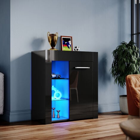 ELEGANT High Gloss Front Display Cabinet Modern Design Showcase Cabinet with 5mm Tempered Glass shelves, Black 750 x 350 x 830 mm