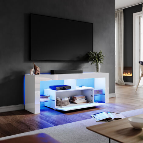 ELEGANT High Gloss LED TV Stand Multi-Light Effect TV Cabinet with Large Storage Space Living Room Bedroom Furniture, White 1400mm