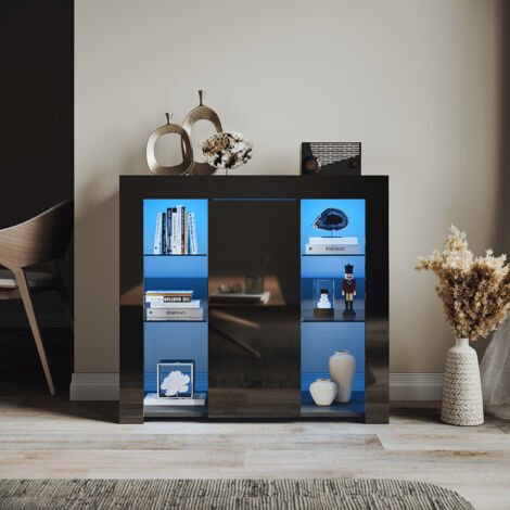 ELEGANT High Gloss Sideboard Units with 1 Door and LED Light, Open Compartments, Adjustable Tempered Glass Cabinet, Black, 900x350x830mm