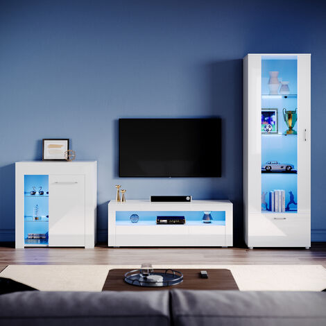 ELEGANT High Gloss TV Stand 120cm + Display Cabinet + Tall Storage Cabinet, RGB Led Lights Living Room Furniture Set with Remote Control