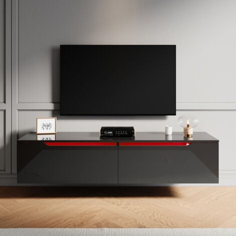 ELEGANT High Gloss TV Stand Cabinet with LED Light Handle-Free Design Black 140cm TV Cabinet Wall Mounted/Floor Mounted