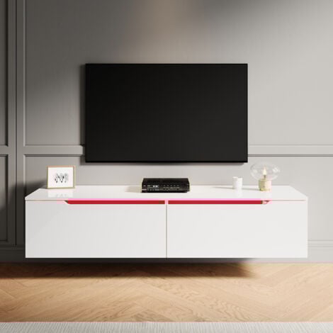 ELEGANT High Gloss TV Stand Cabinet with LED Light Handle-Free Design White 140cm TV Cabinet Wall Mounted/Floor Mounted