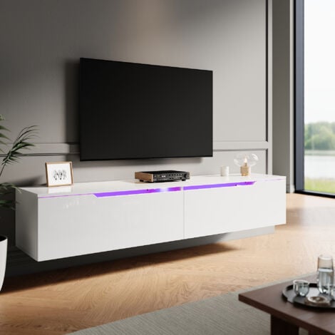 ELEGANT High Gloss TV Stand Cabinet with LED Light Handle-Free Design White 160cm TV Cabinet Wall Mounted/Floor Mounted