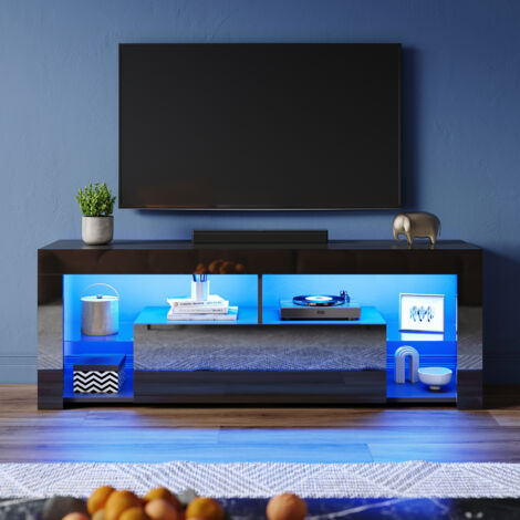 ELEGANT High Gloss TV Stand with LED Lights, Floor Stand TV Unit with Open Glass Shelves and Flip-Down Door Compartment, Black, 1400x350x505mm