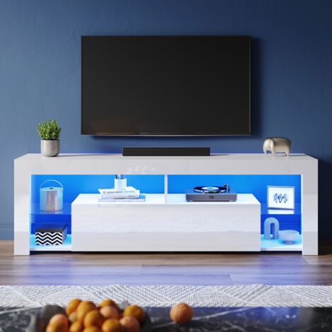 ELEGANT High Gloss TV Stand with LED Lights, Floor Stand TV Unit with Open Glass Shelves and Flip-Down Door Compartment, White, 1600x350x505mm