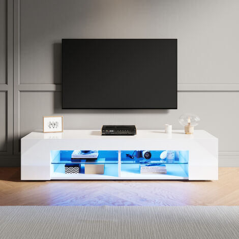 ELEGANT High Gloss TV Stand with LED Lights, Floor Stand TV Unit with Open Glass Shelves, Suitable for Living Room & Bedroom, White, 1350x390x300mm