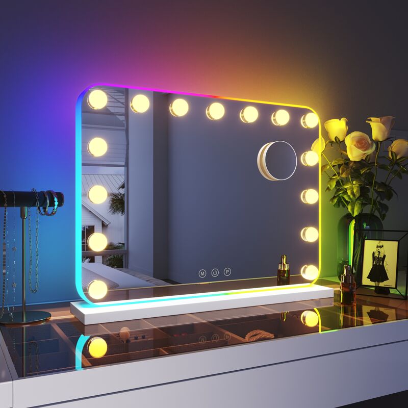 Sirhona - elegant Hollywood rgb Lights Vanity Mirror 58x43 cm Makeup Mirror with 15 led Bulbs and 10X Magnifying Glass for Dressing Table Touchscreen